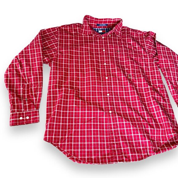 Tommy Hilfiger 90s Plaid Shirt Mens Large Red Long Sleeve Button Up Vintage - Picture 5 of 16